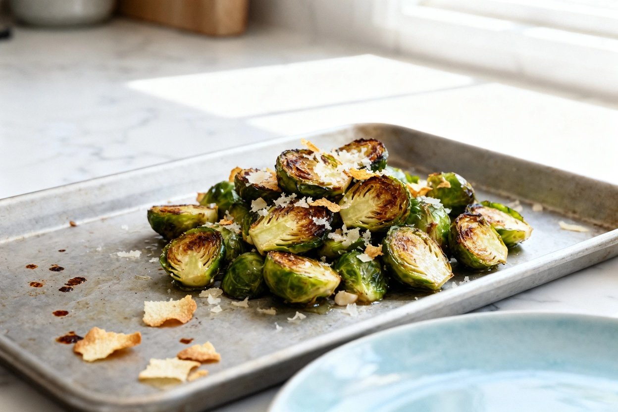 bout 35 degrees) realistic food photograph of the exact same finished roasted Brussels sprouts with 