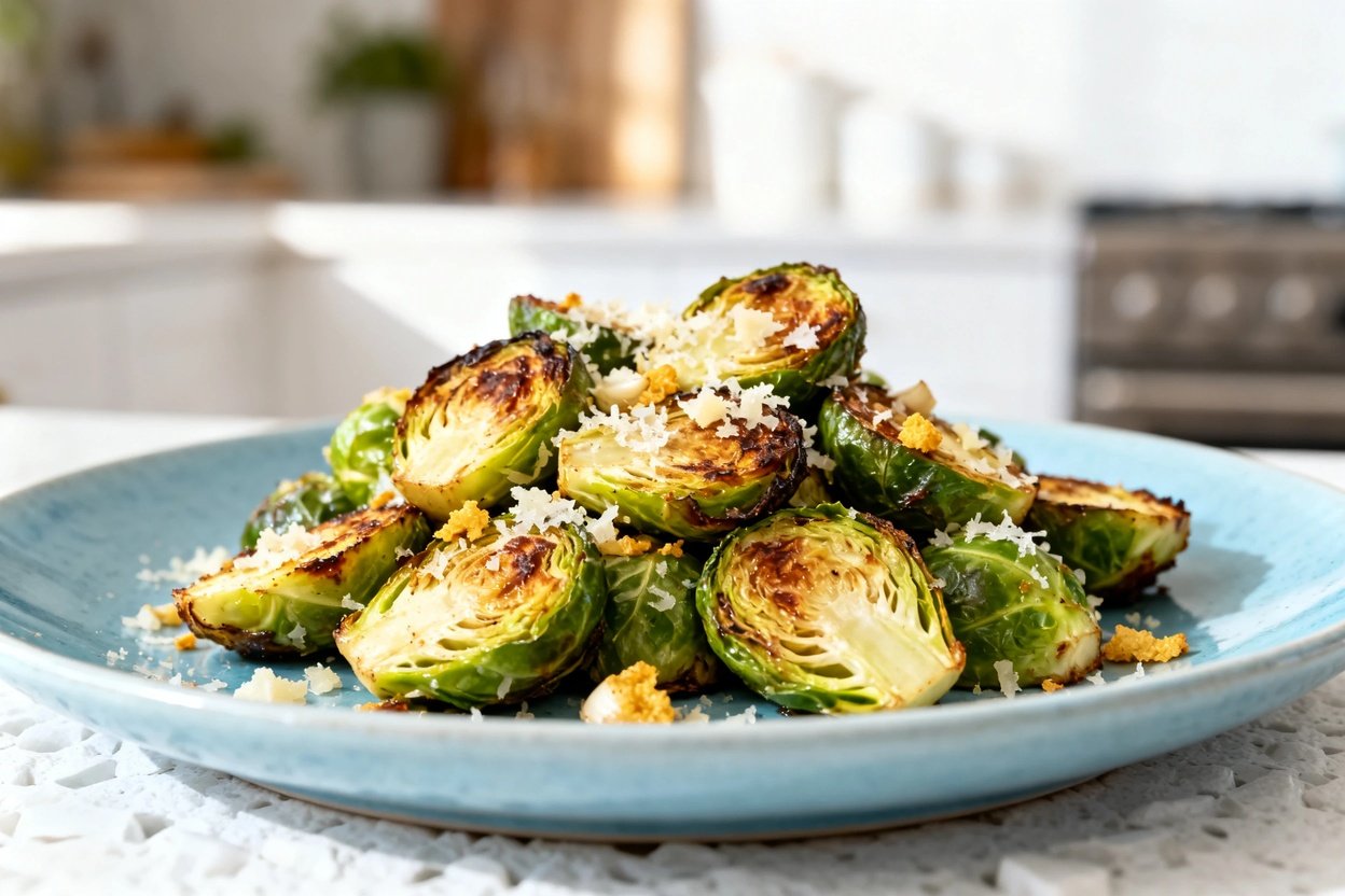 shot (about 40–45 degrees) of the identical finished dish: roasted Brussels sprouts (halved) tossed