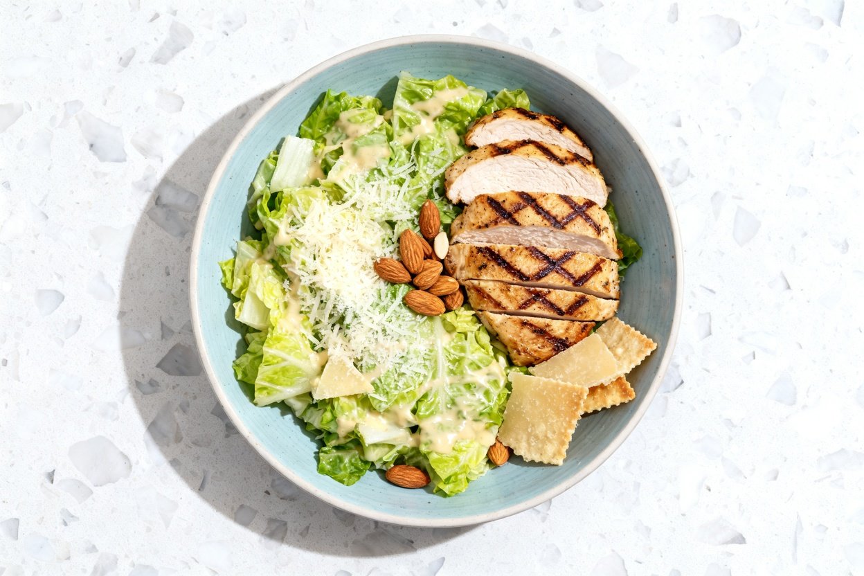 top-down food photo of a finished Keto Grilled Chicken Caesar Salad: a light blue ceramic shallow bo