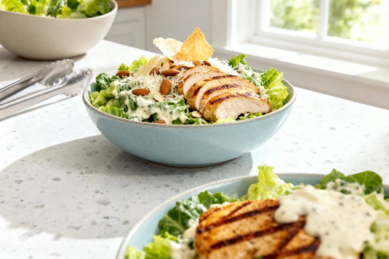 –40 degree food photo of the exact same finished Keto Grilled Chicken Caesar Salad portion and prese
