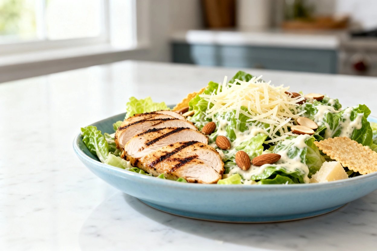  shot at approximately 30–45 degrees of the same plated Keto Grilled Chicken Caesar Salad on the sam