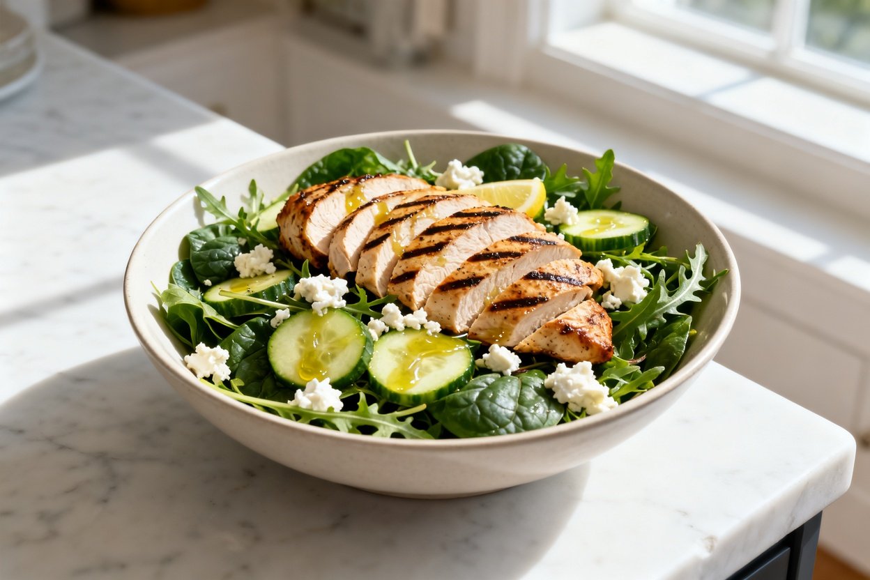 bout 30–40 degrees) realistic food photo of the same finished keto grilled chicken feta salad from t