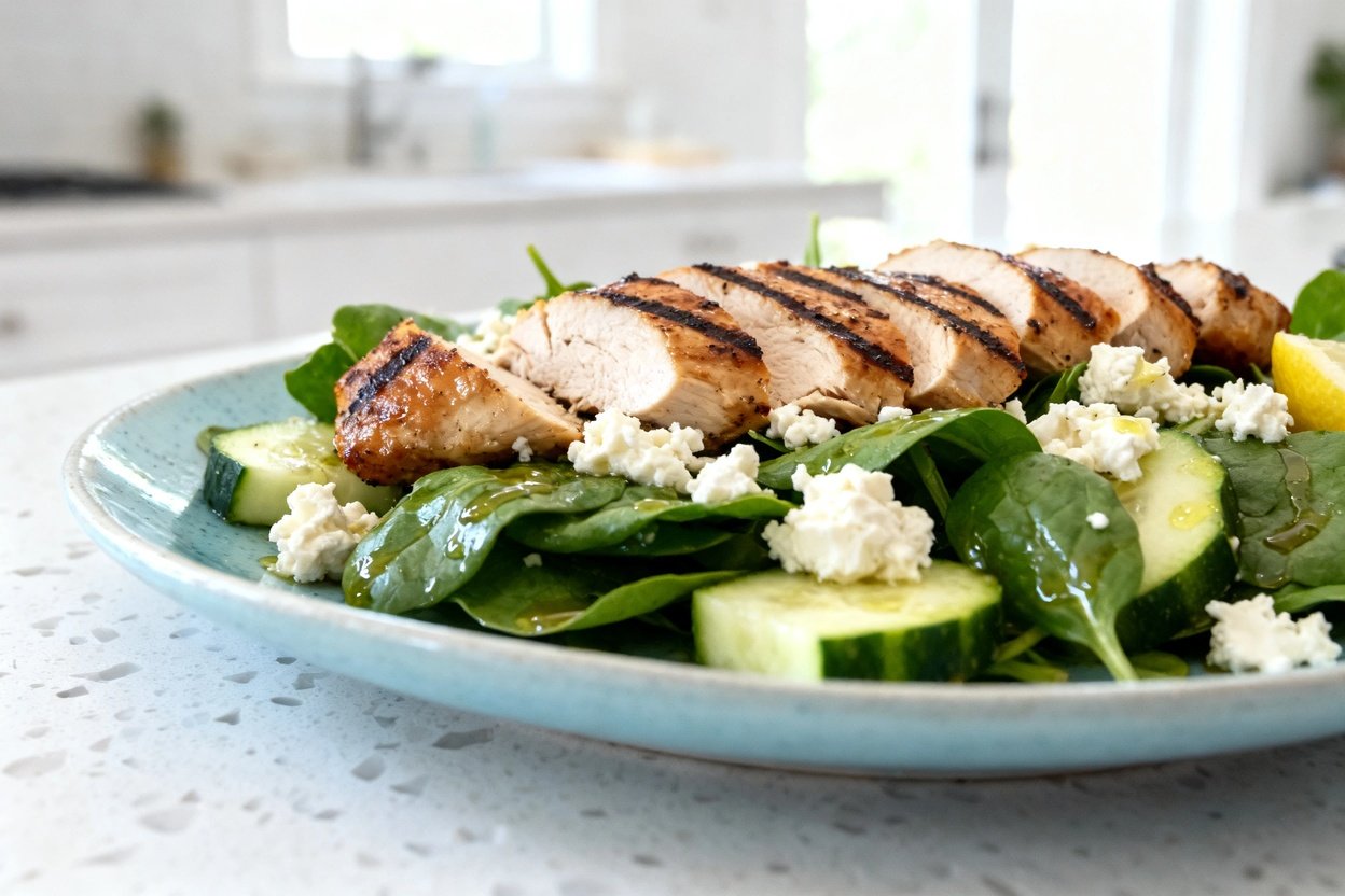 shot (about 30–45 degrees) of the same finished keto grilled chicken feta salad plated on the ident