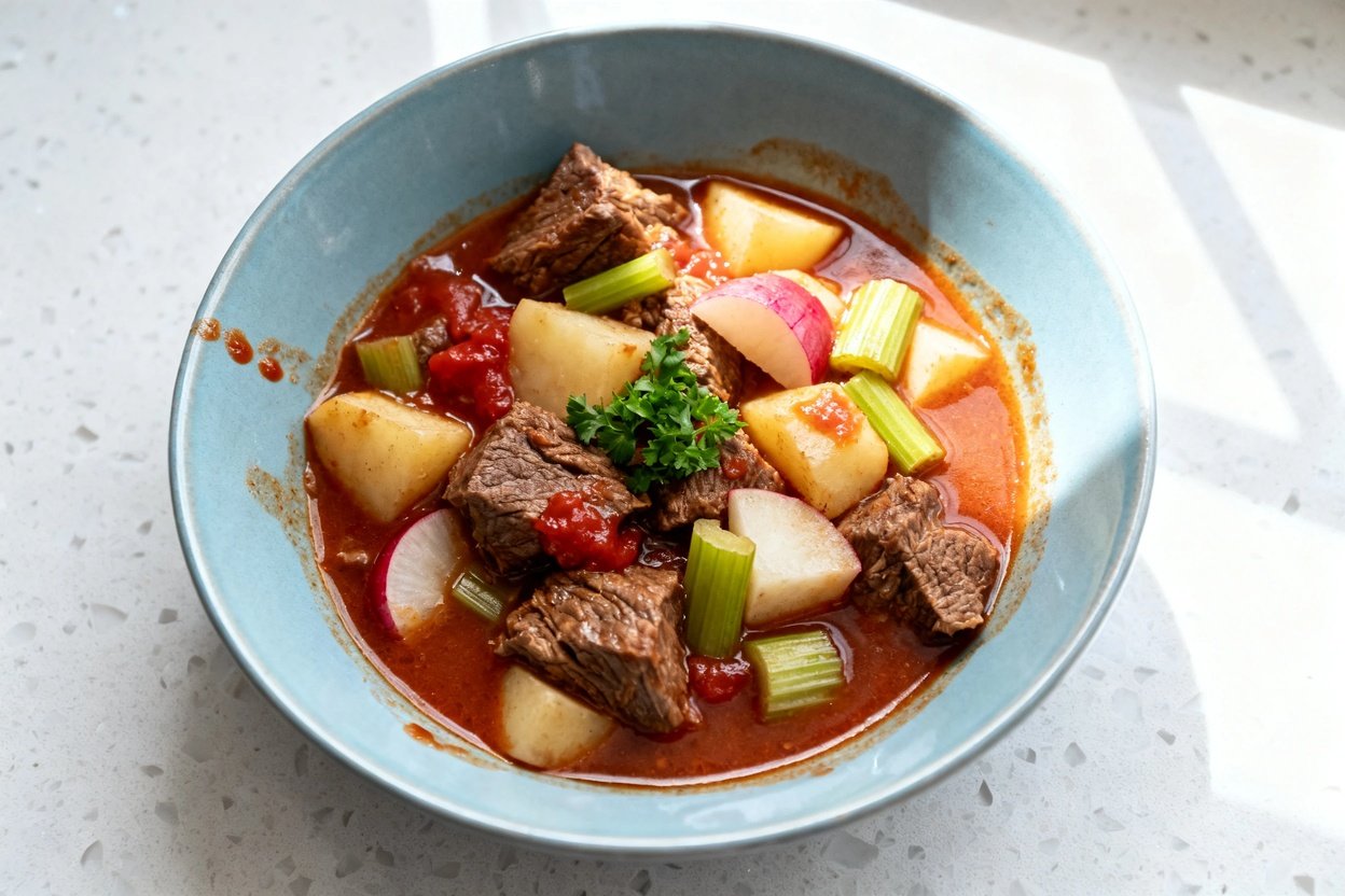 top-down food photo of a single serving of Keto Instant Pot Beef Stew in a light blue ceramic bowl/p