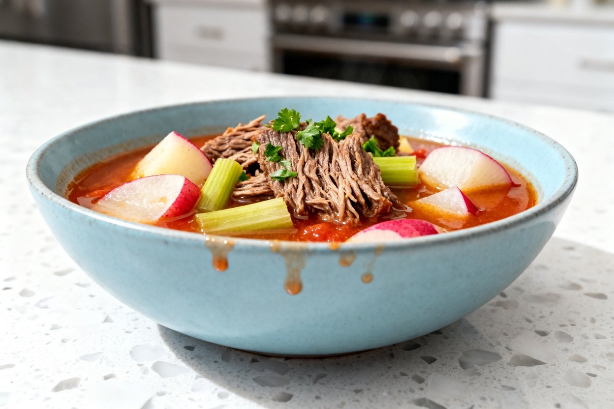  shot at ~35–45° of the same plated single serving of Keto Instant Pot Beef Stew in the same light b