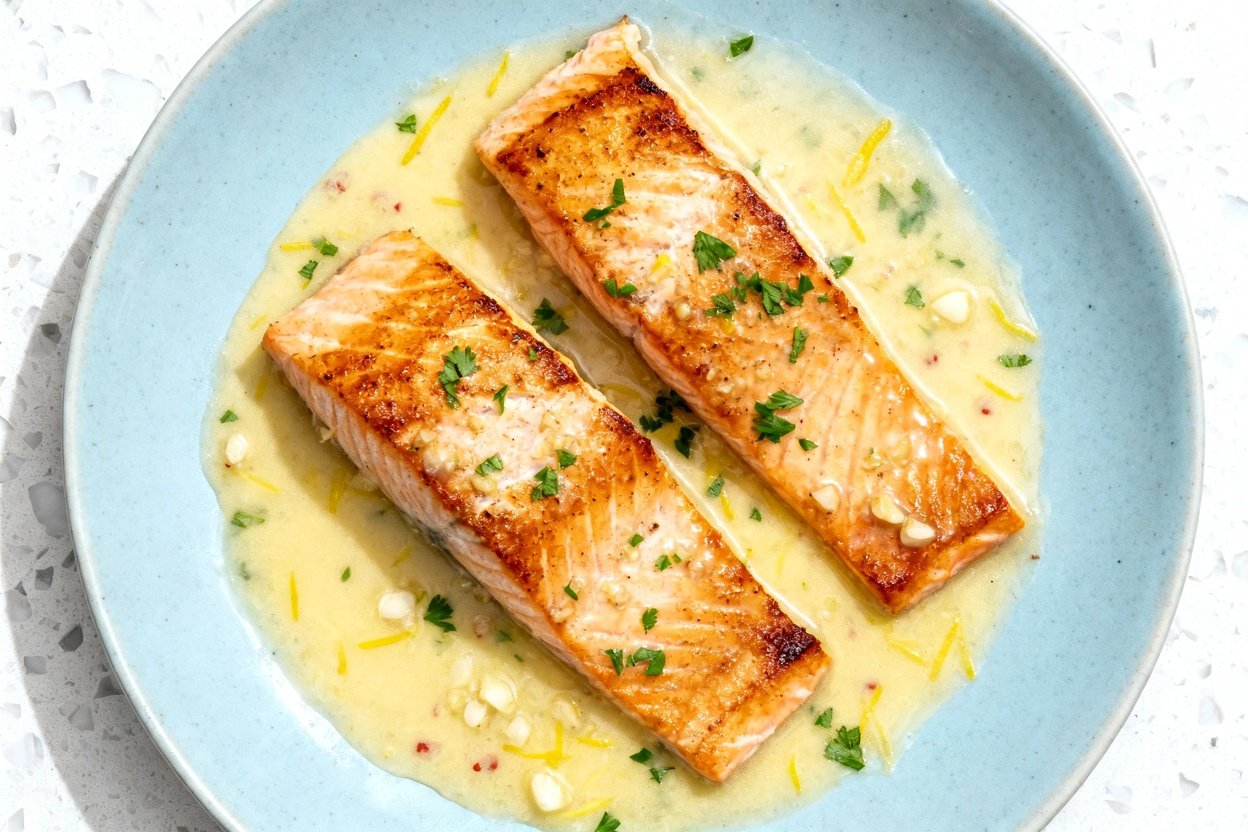 top-down food photo of a single serving of keto lemon butter salmon skillet: two tender salmon fille