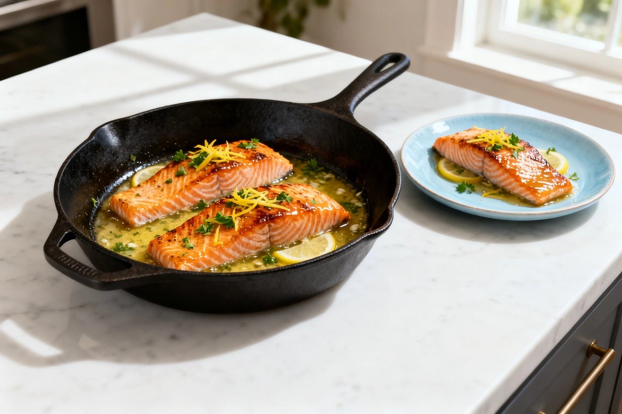 0–40 degrees) realistic kitchen food photo of the same finished keto lemon butter salmon skillet, sa