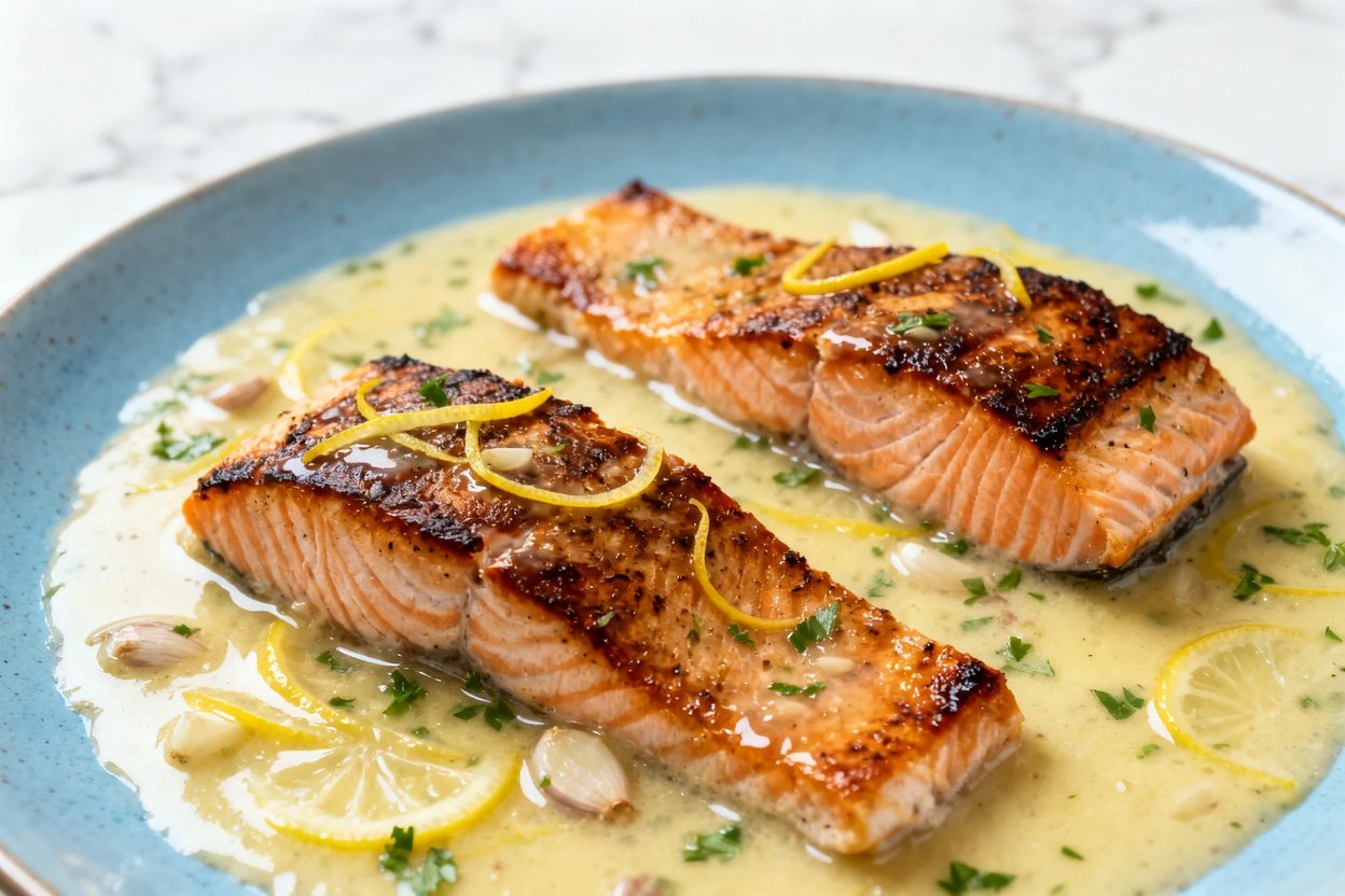  shot (30–45 degrees) of the same plated keto lemon butter salmon: two crisp-seared salmon fillets o
