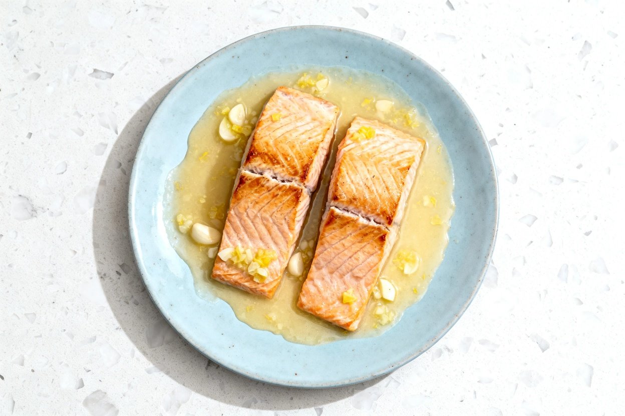 top-down food photo of keto lemon garlic butter salmon: two moist, flaky salmon fillets nestled in a