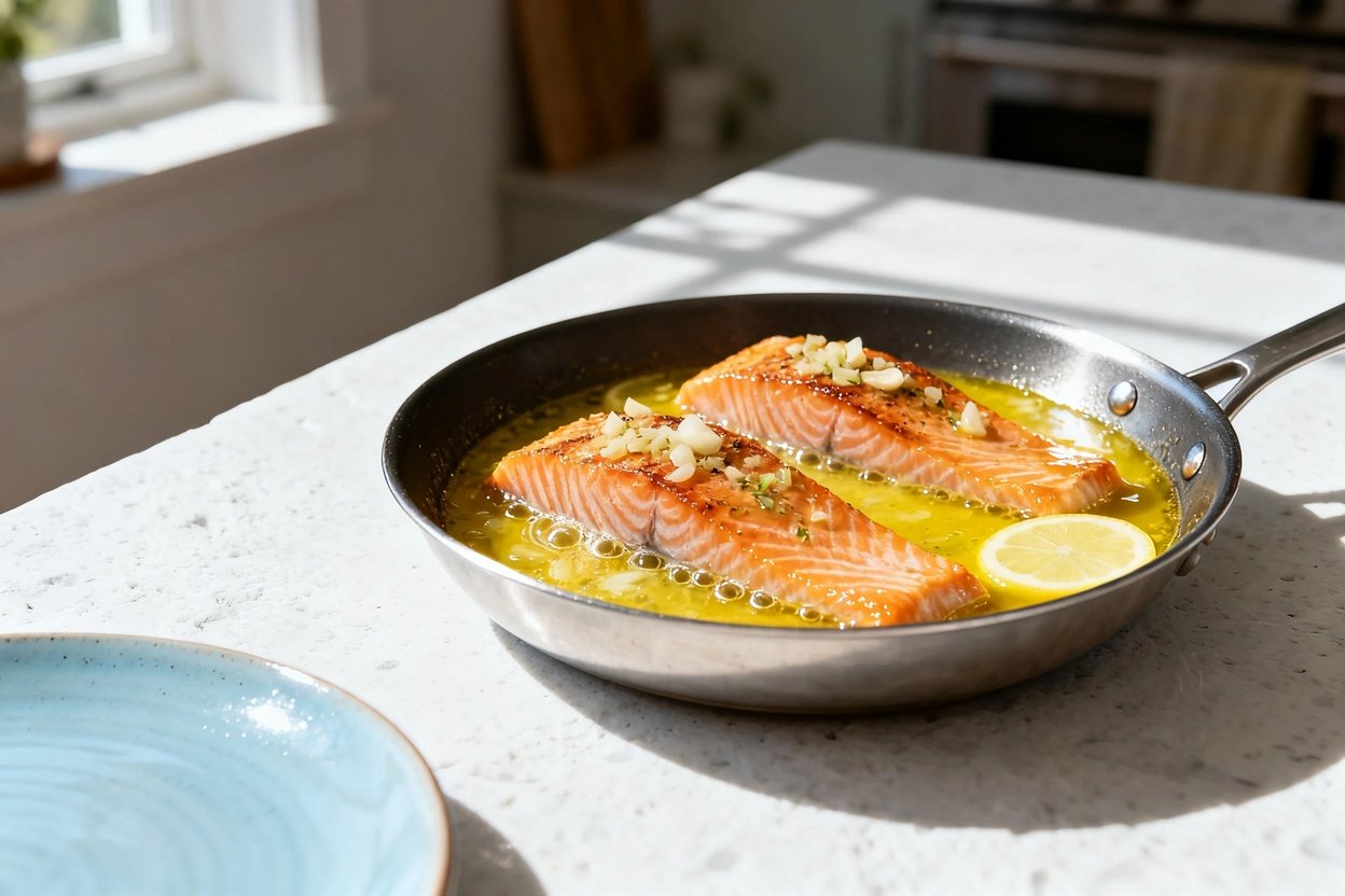 bout 35 degrees) food photo of the exact same finished keto lemon garlic butter salmon: two cooked s
