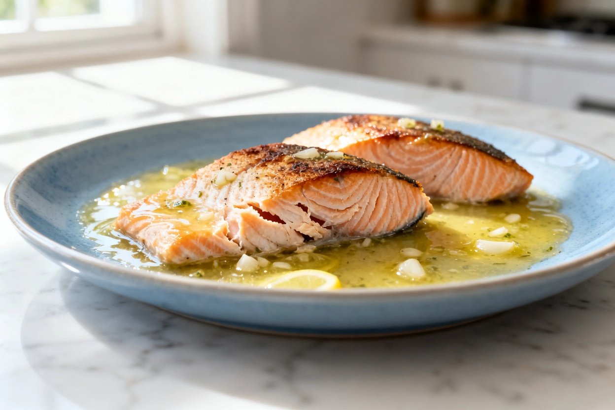  shot (about 40–45 degrees) of the same plated keto lemon garlic butter salmon on the identical ligh