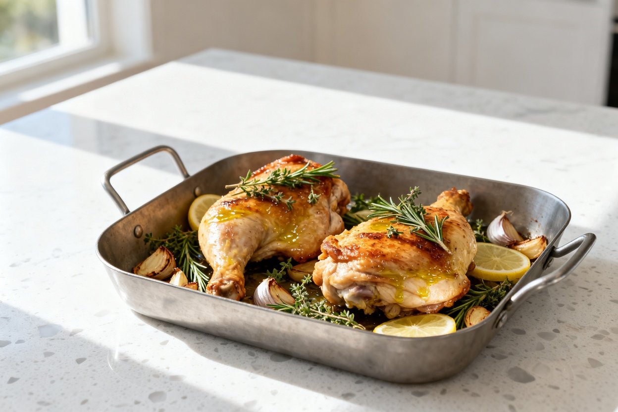 –40 degree perspective of the exact same finished dish and portion: 2 skin-on roasted chicken thighs