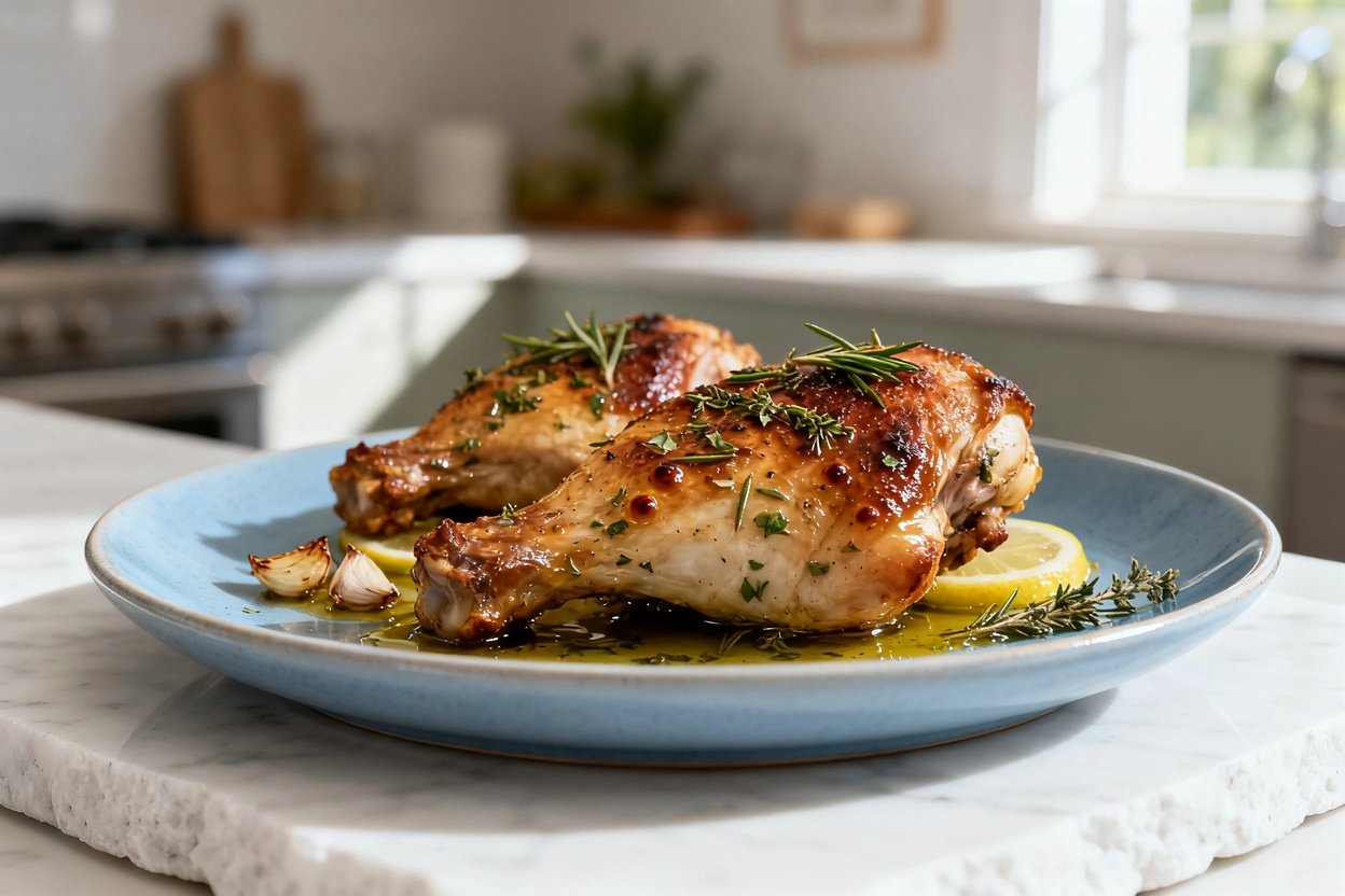  shot at 30–45 degrees of the same plated single serving: 2 keto lemon herb roasted chicken thighs o