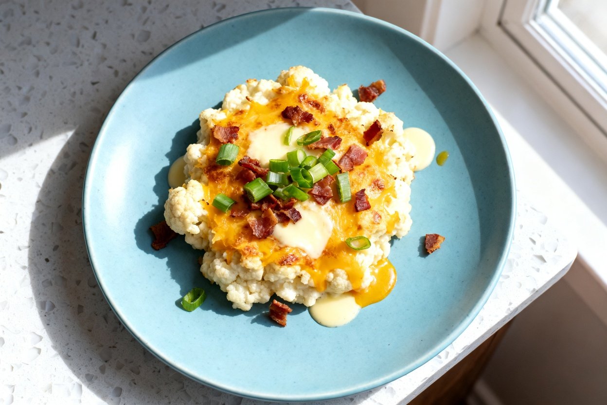top-down food photo of a single serving of Keto Loaded Cauliflower Bake plated on a light blue ceram
