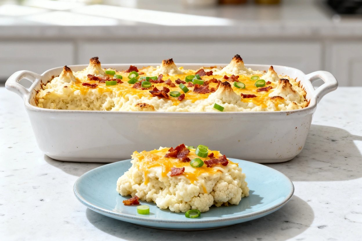 –40° view of the exact same finished Keto Loaded Cauliflower Bake presentation and portion as Image 