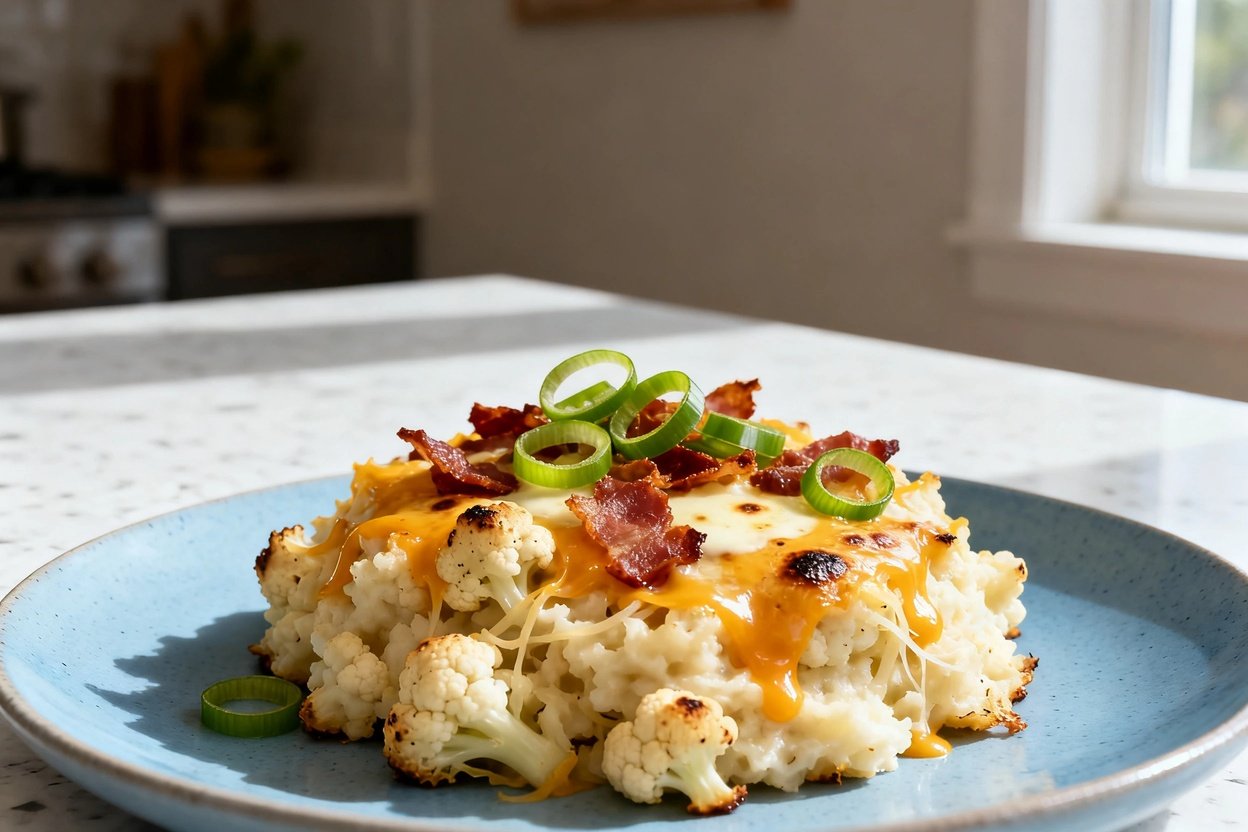  shot at ~30–45° of the same single plated serving of Keto Loaded Cauliflower Bake on the same light