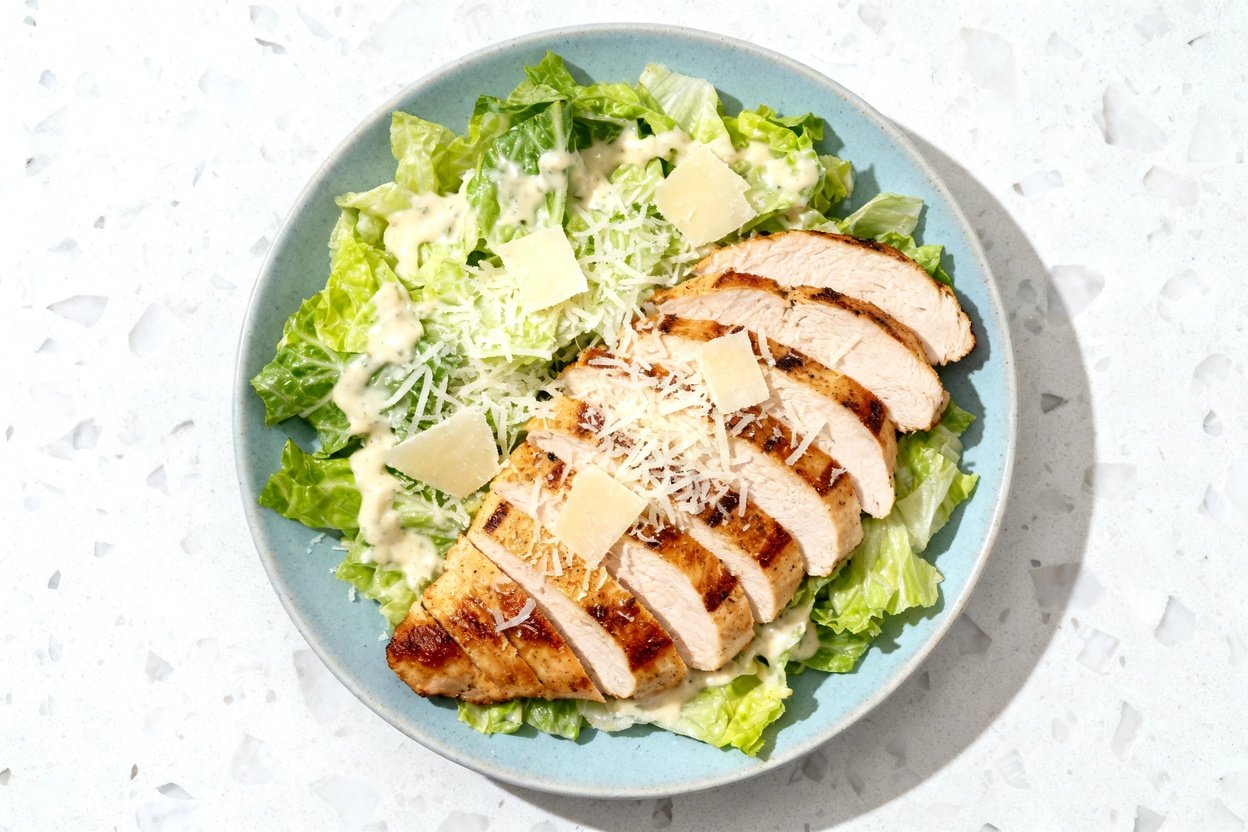 top-down food photo of a finished low carb Chicken Caesar Salad: crisp chopped romaine lettuce tosse