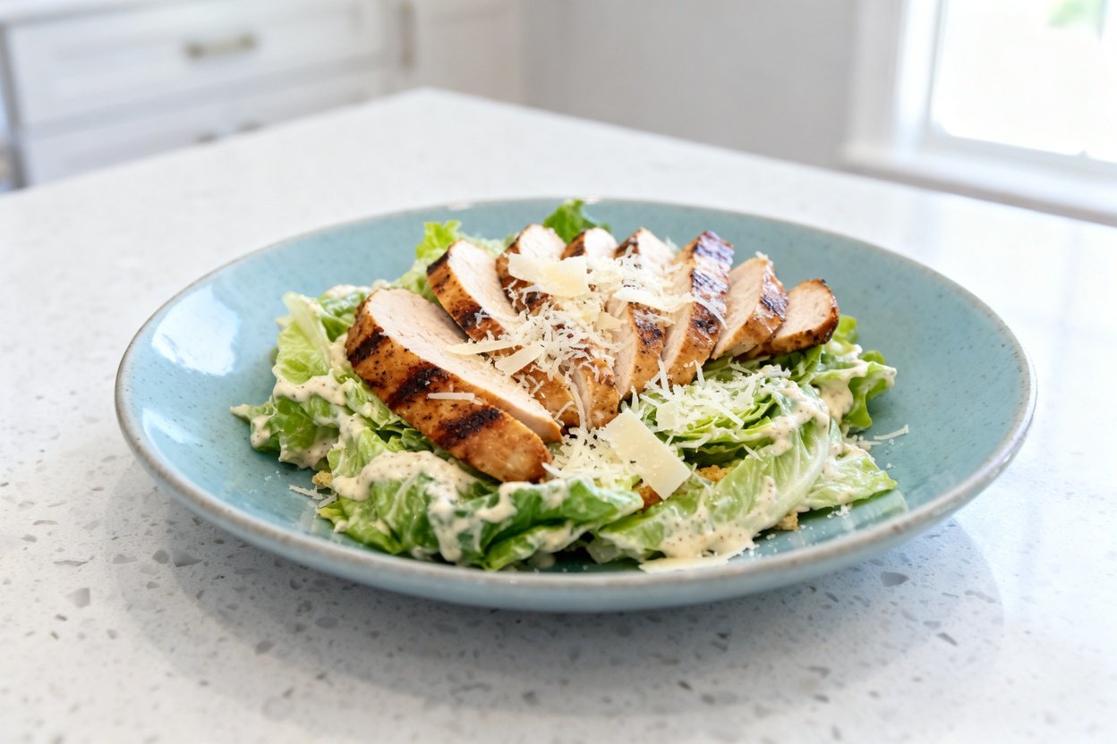 –40 degree perspective of the exact same finished low carb Chicken Caesar Salad on the same light bl