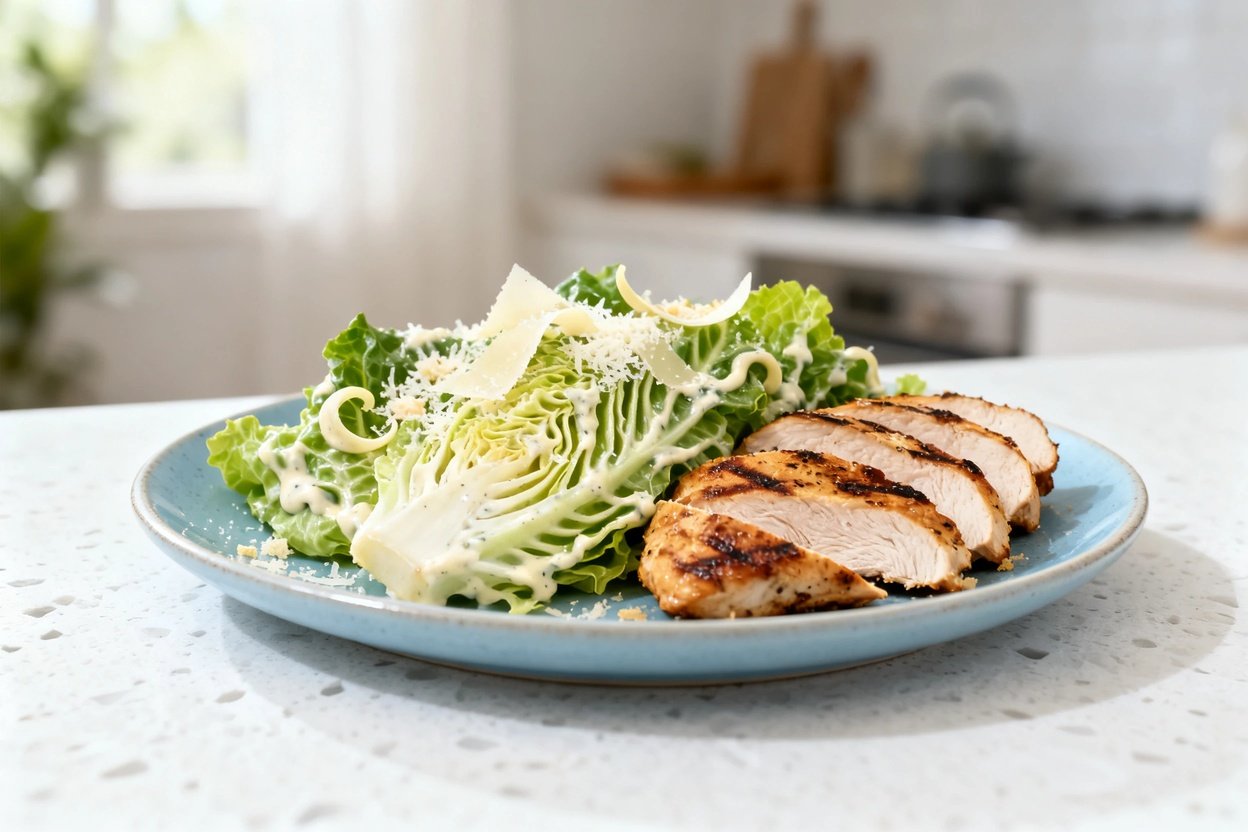  shot at ~35–45 degrees of the same plated low carb Chicken Caesar Salad on the same light blue cera