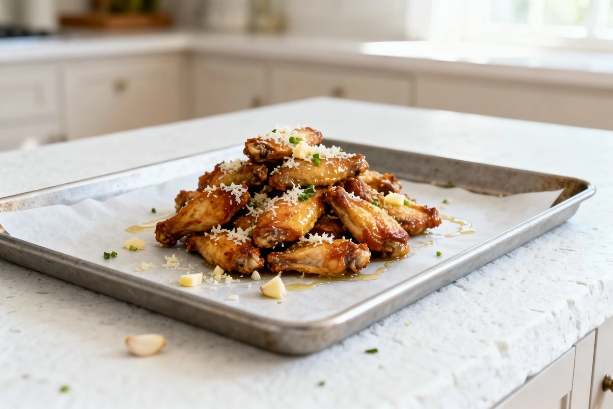–40 degree photo of the exact same finished Low Carb Garlic Parmesan Wings (same number of wings and