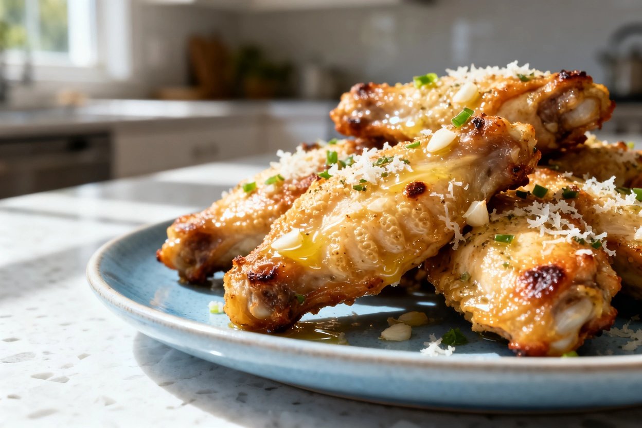  shot at ~30–45 degrees of the same plated serving of Low Carb Garlic Parmesan Wings on the same lig