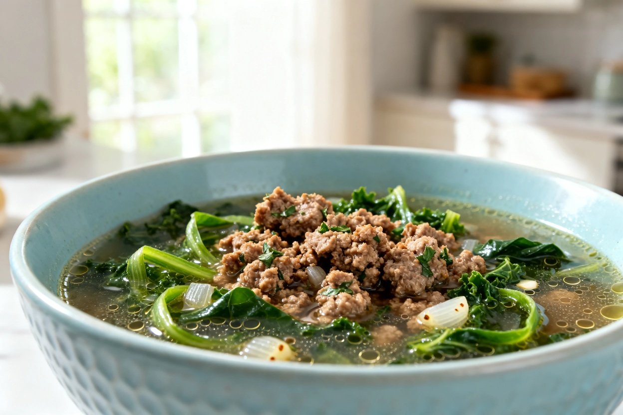  shot (about 30–45 degrees) of the same single serving of low carb Italian sausage and kale soup pla