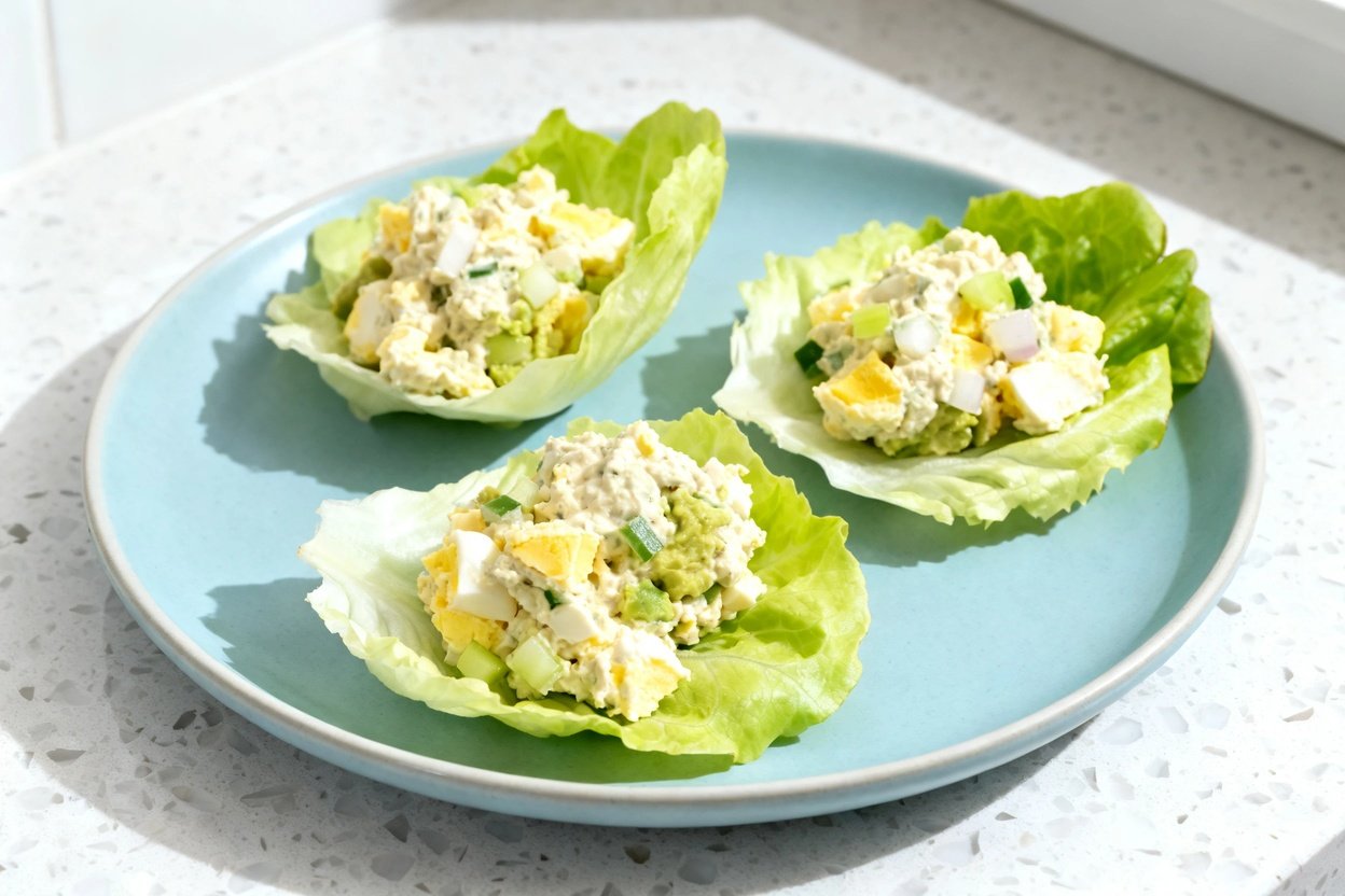 top-down food photo of keto meal prep egg salad cups: three crisp pale-green lettuce cups (butter le