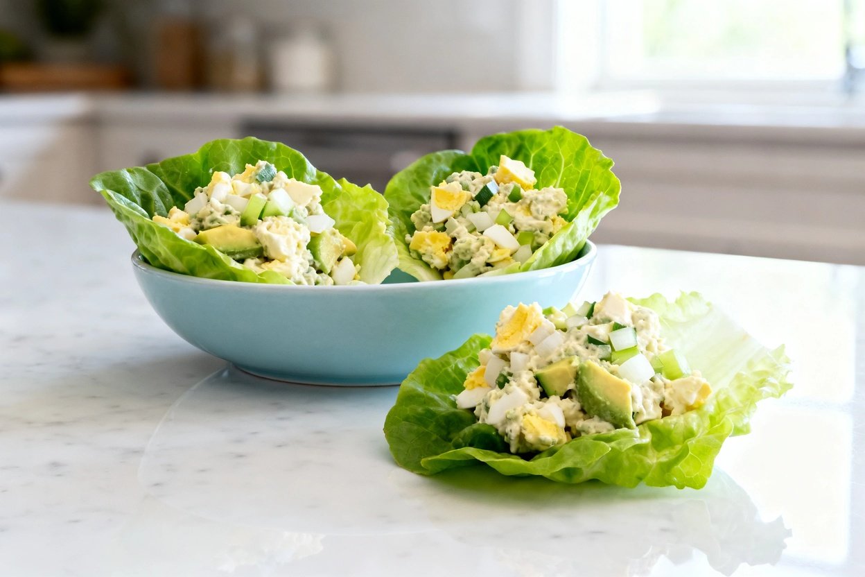 bout 35 degrees) photo of the exact same finished keto egg salad cups seen in Image 1: three butter-