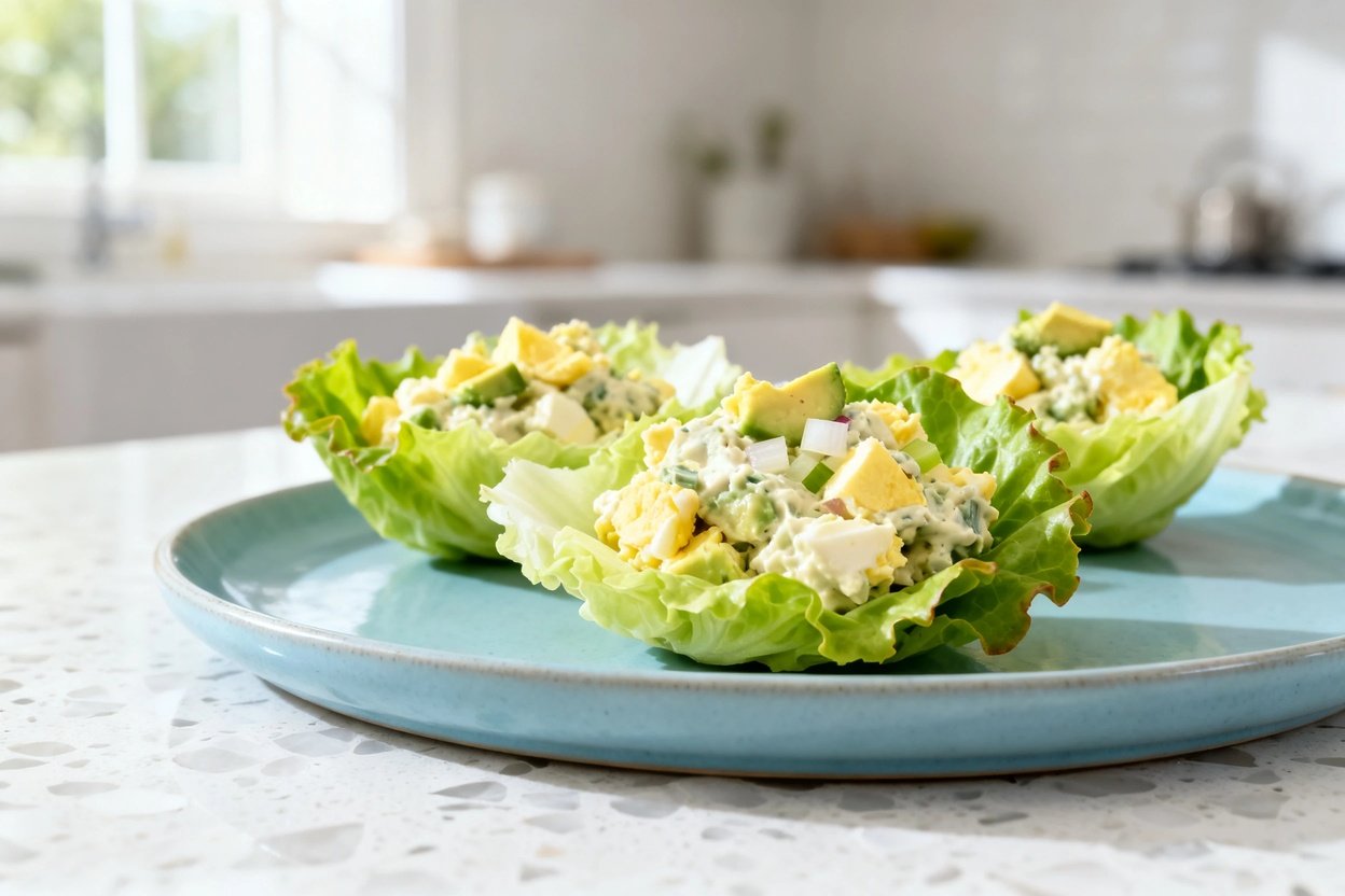  shot (about 40–45 degrees) of the same finished dish: three crisp butter-lettuce egg salad cups on 