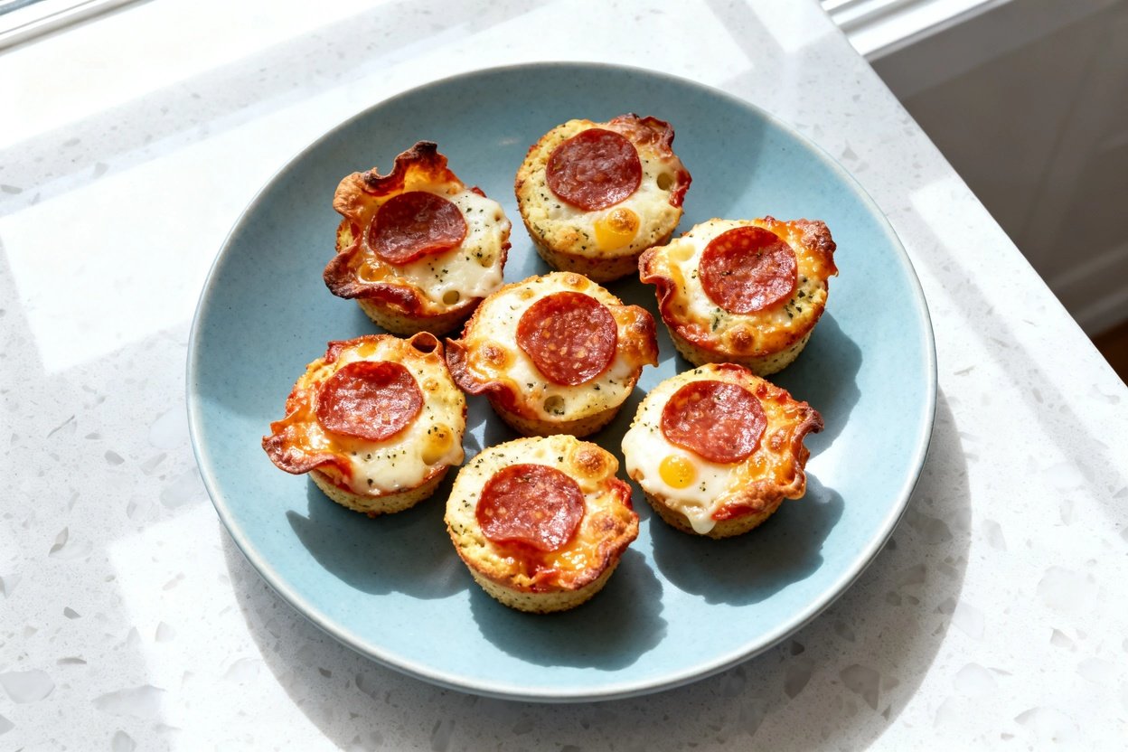 top-down food photo of keto pepperoni pizza bites: a single serving of mini muffin–shaped bites mad