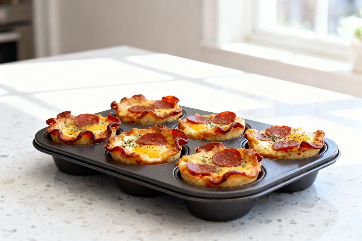 bout 35 degrees) realistic food photo of the same finished keto pepperoni pizza bites (mini muffin–s