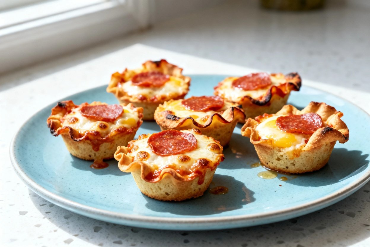 shot (about 40–45 degrees) of the same plated keto pepperoni pizza bites on the same light blue cer