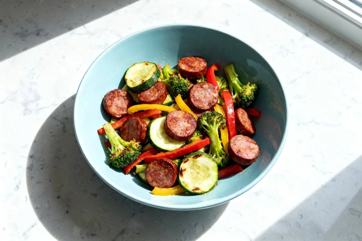 top-down food photograph of a single-serving keto meal prep sausage and veggie bowl plated on a ligh