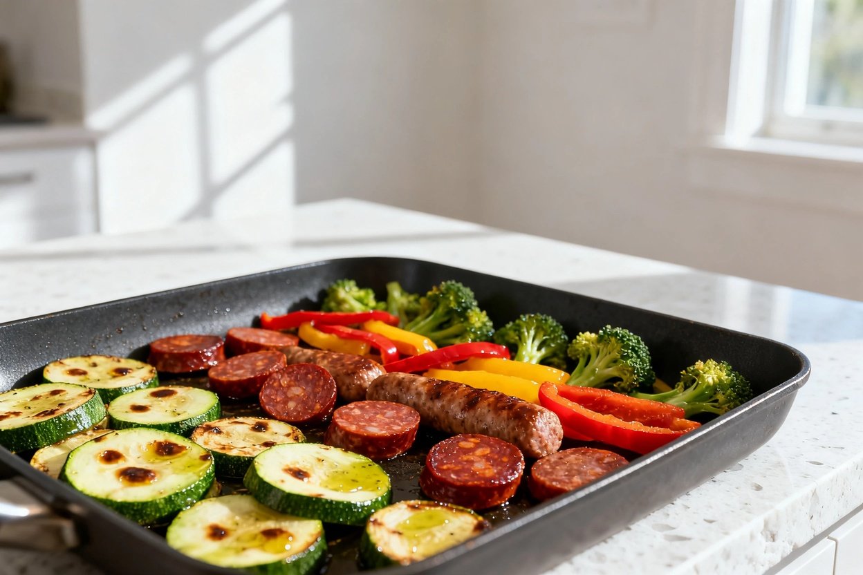 bout 35 degrees) realistic home kitchen food photo of the exact same finished keto sausage and veggi