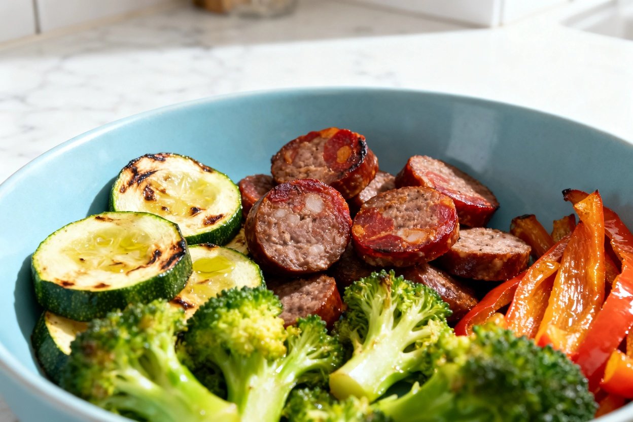  shot (about 40–45 degrees) of the same plated keto meal prep sausage and veggie bowl on the same li