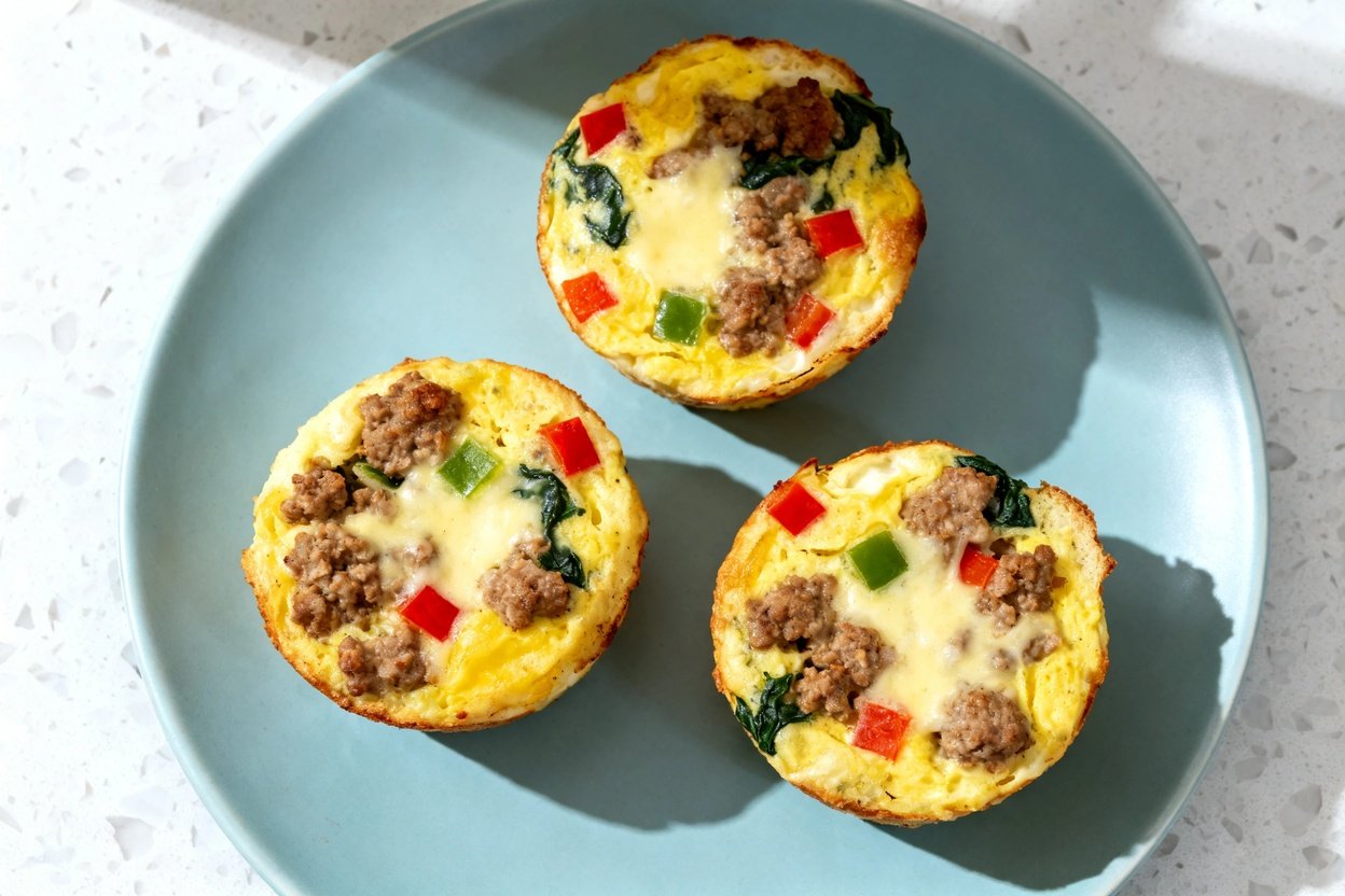 top-down food photo of a single serving of keto meal prep sausage egg muffins: 3 baked egg muffins s
