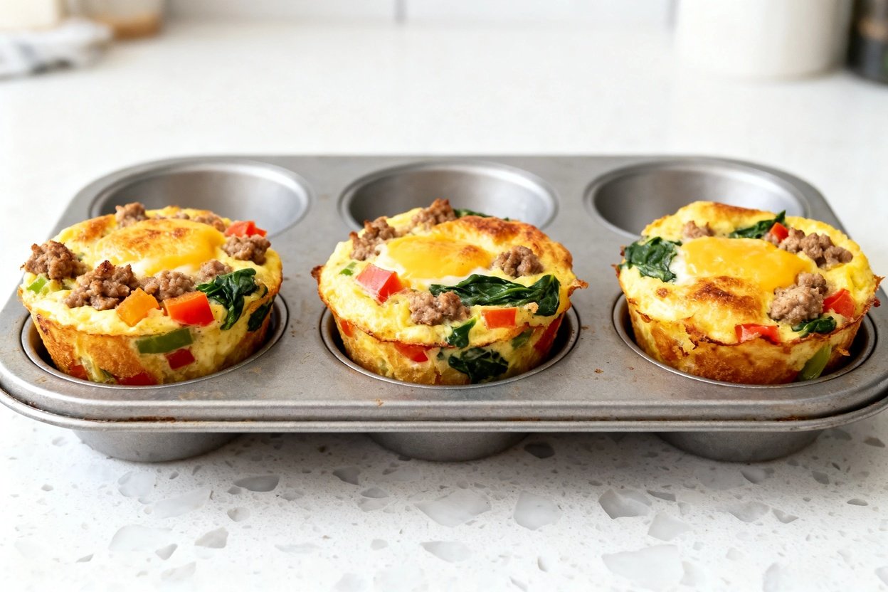 –40° camera view of the exact same finished keto sausage egg muffins from the same cooking session: 