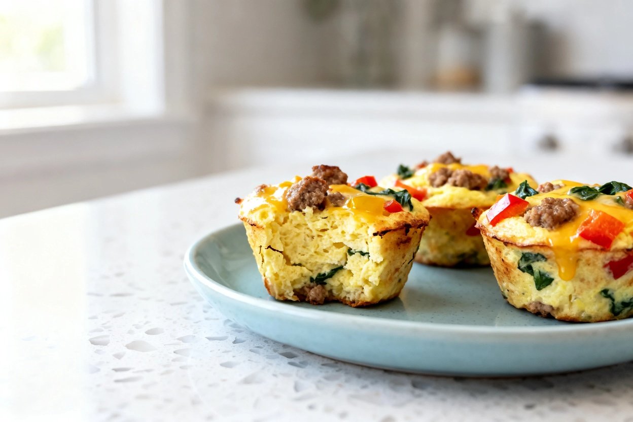  shot at 30–45° of the same plated keto sausage egg muffins: 3 muffins on the same light blue cerami