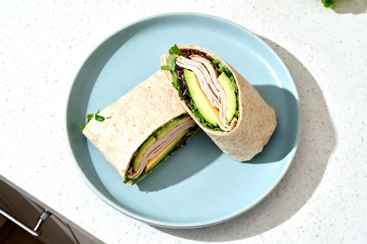  top-down food photo of a single serving keto turkey avocado wrap: one low-carb tortilla wrap cut cl