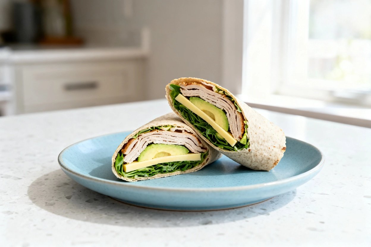 0–40 degree) realistic food photo of the exact same finished keto turkey avocado wrap as Image 1: on