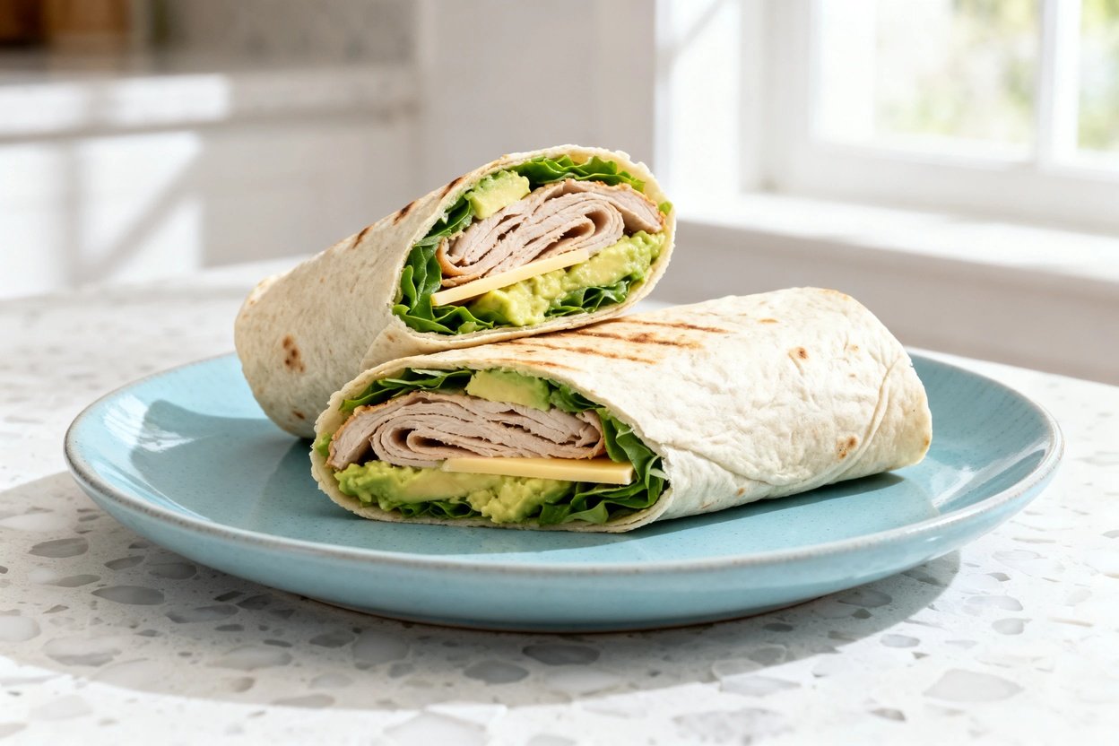  shot (30–45 degrees) of the same finished keto turkey avocado wrap, identical portion and presentat
