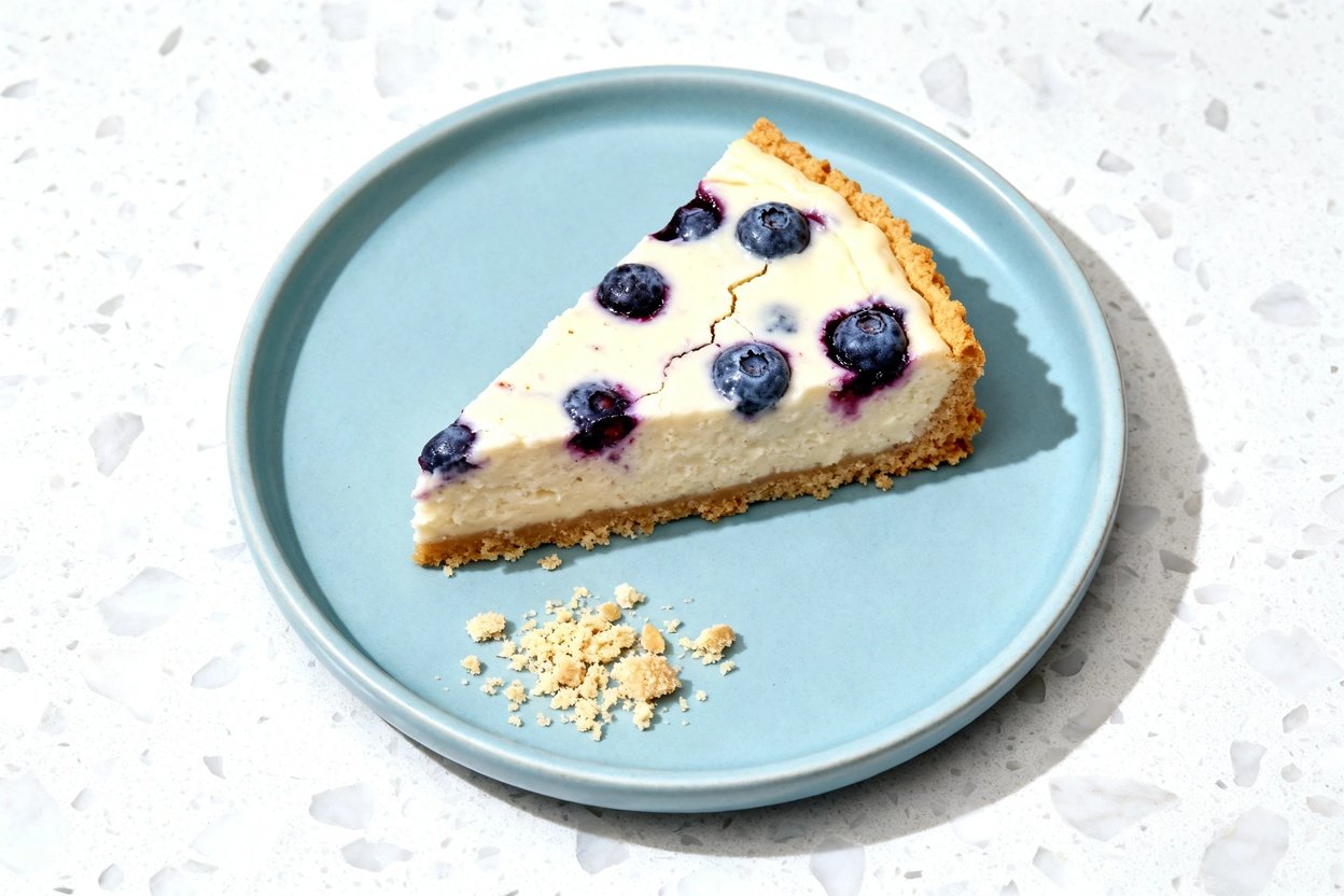 top-down food photograph of a single serving slice of low carb keto blueberry cheesecake on a light 