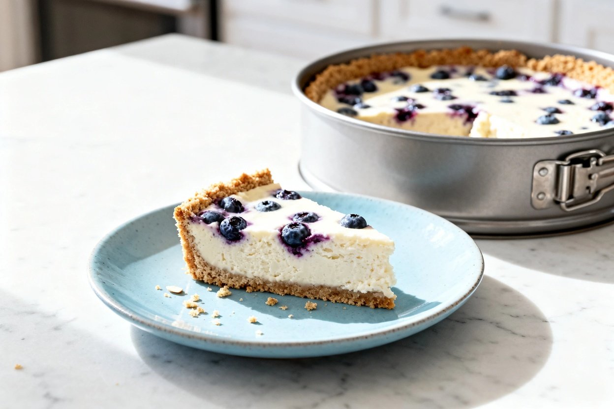 bout 35 degrees) realistic food photo of the exact same keto blueberry cheesecake slice on the same 