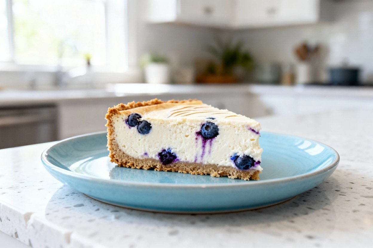  shot (about 40–45 degrees) of the same single slice of low carb keto blueberry cheesecake on the sa