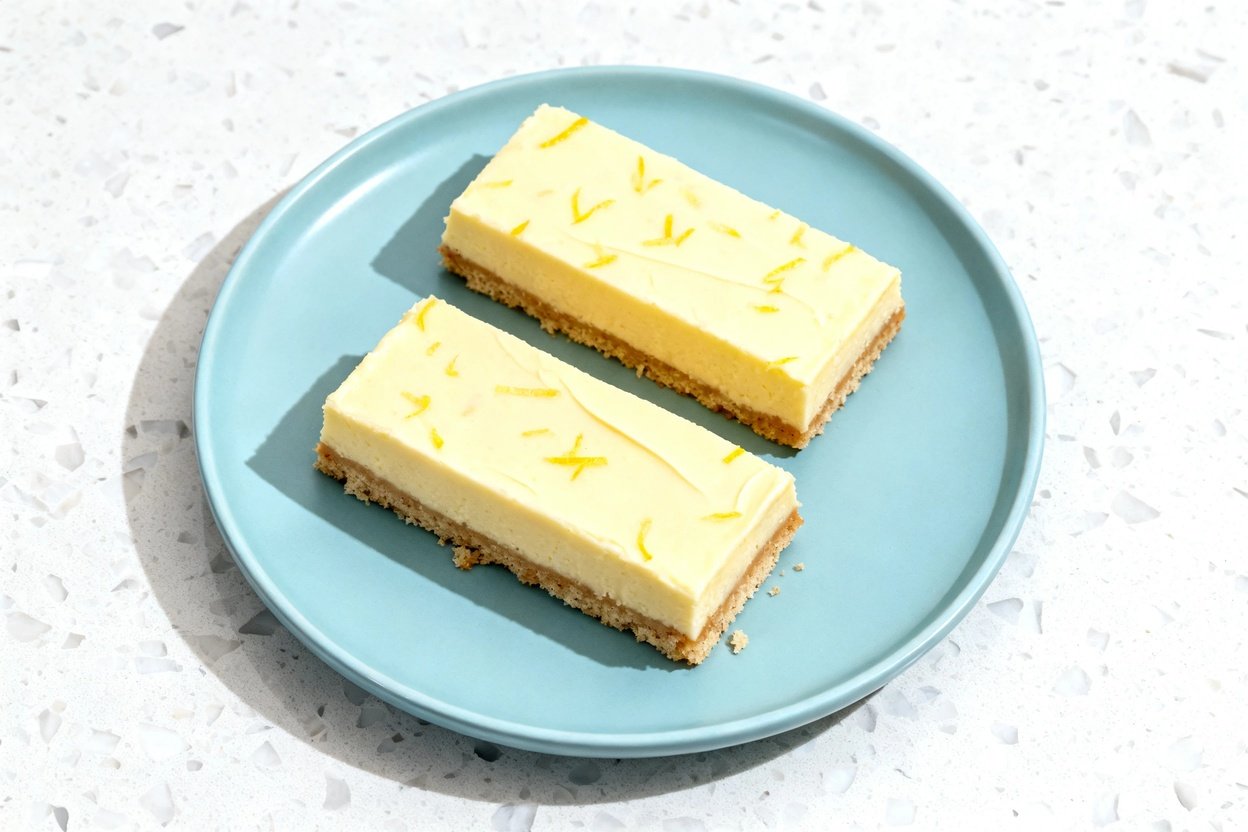 top-down food photo of low carb lemon cheesecake bars: two rectangular bars with straight, clean cut