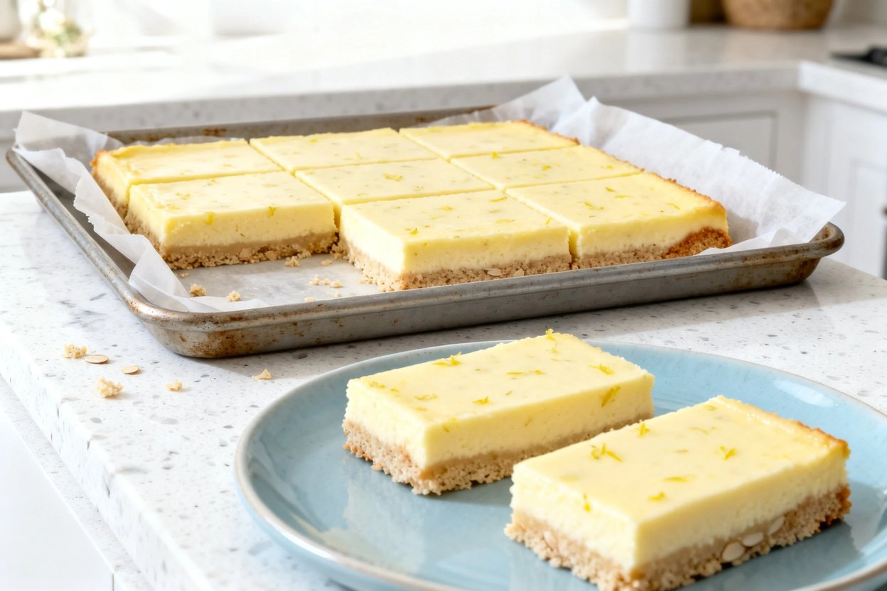 –40° perspective in a bright home kitchen: the same low carb lemon cheesecake bars (same rectangular