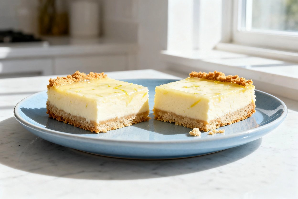  shot at 30–45° focusing on texture: the same plated low carb lemon cheesecake bars (two identical r