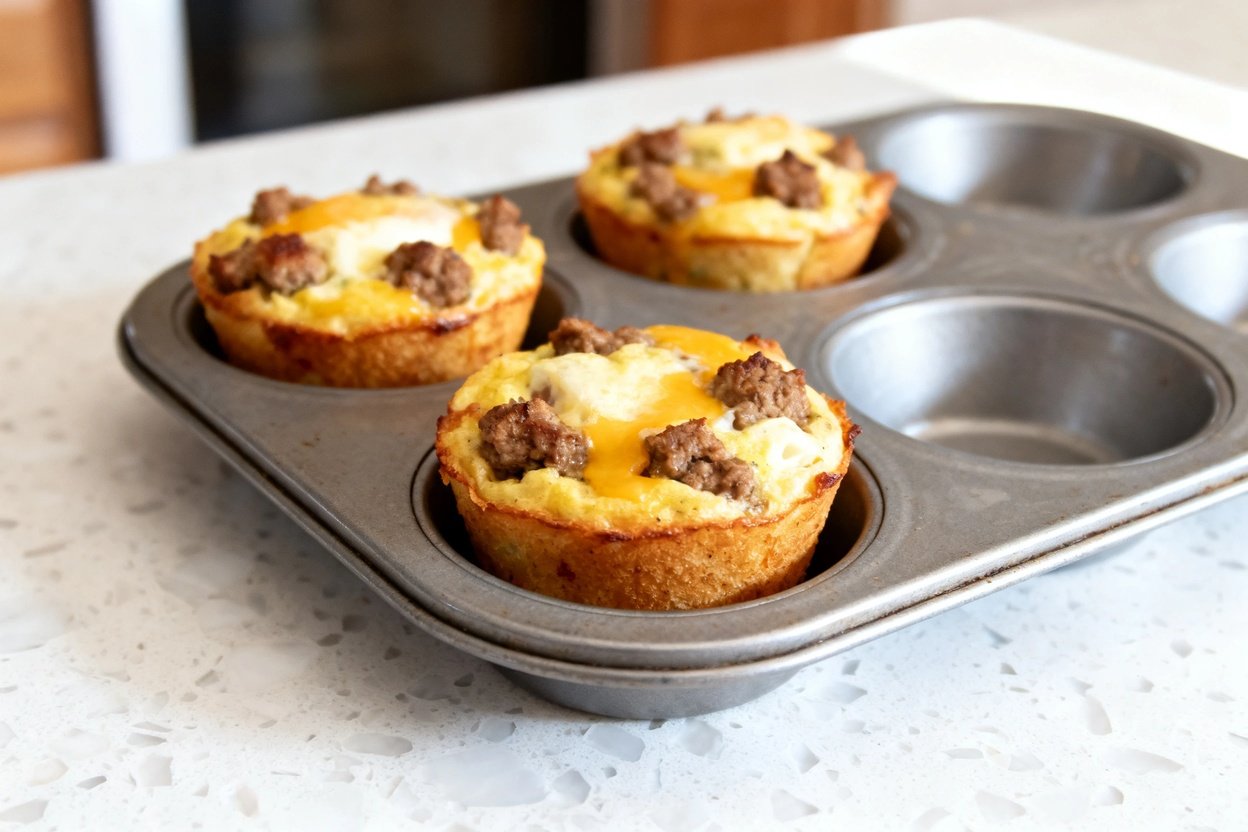 –40 degree perspective photograph of the same finished low carb sausage breakfast muffins (same size