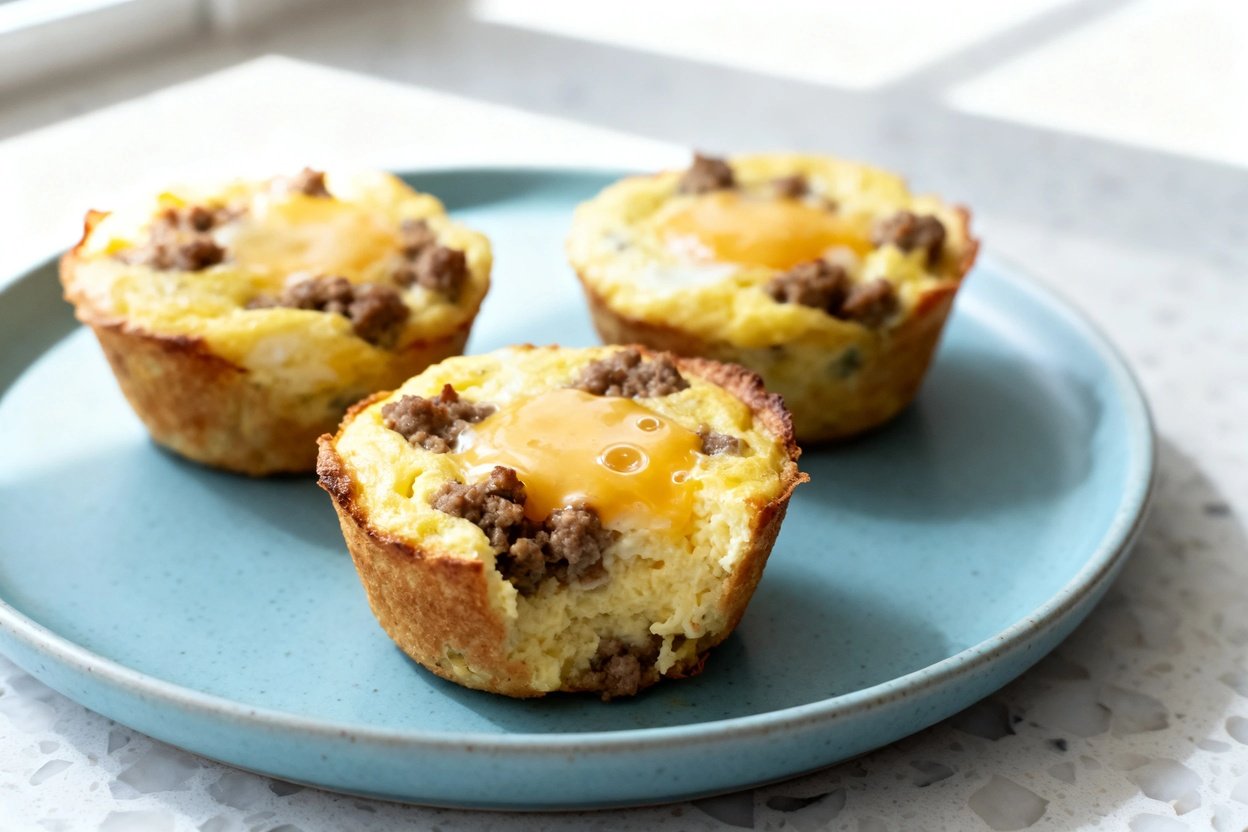  shot at 30–45 degrees of the same low carb sausage breakfast muffins on the same light blue ceramic