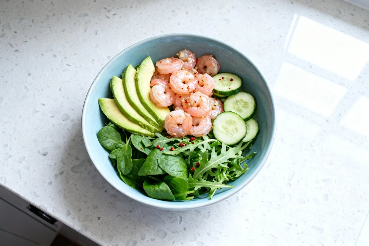 top-down food photo of a single serving low carb shrimp avocado salad bowl: a light blue ceramic bo